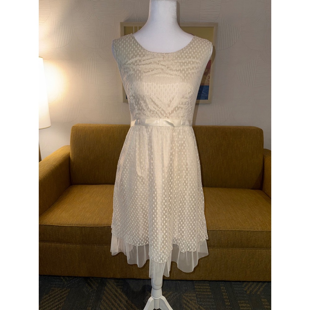 Y2-K Young Essence Cream Lace Polka Dot Tulle Hem Dress coquette Medium